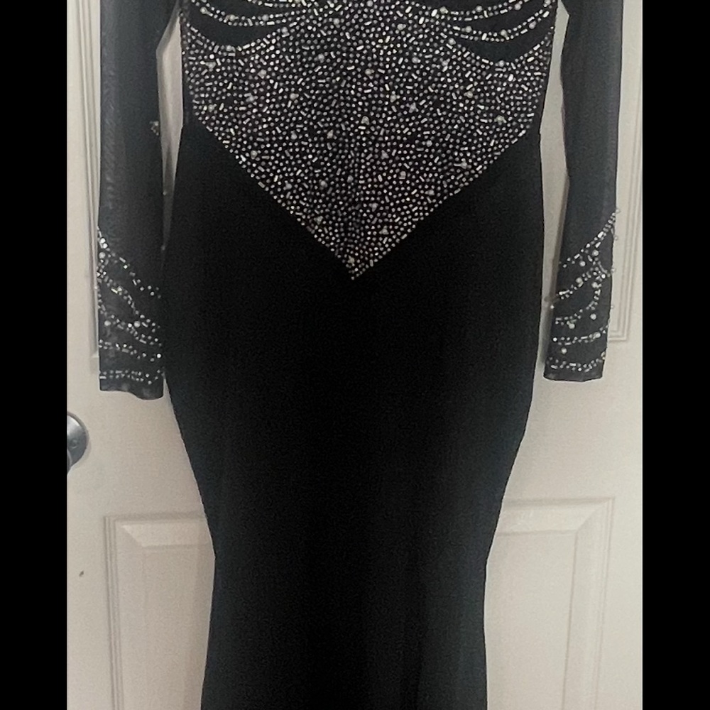 Black Embellished Long Sleeve V-Neck Gown - Picture 3 of 4